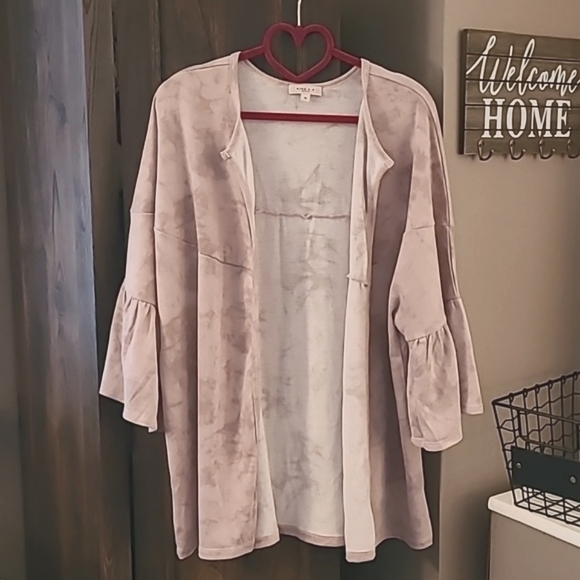 Gilli Sweaters - Gilli XL 3/4 ruffled sleeve light stone washed cotton open cardigan
